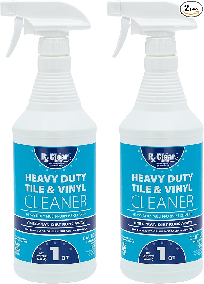 Rx Clear Title Heavy Duty Tile & Vinyl Cleaner | Multi-Purpose Chemical for Indoor and Outdoor Surfaces Including Swimming Pools | Cleans On Contact | 1 Quart Bottles | 2 Pack
