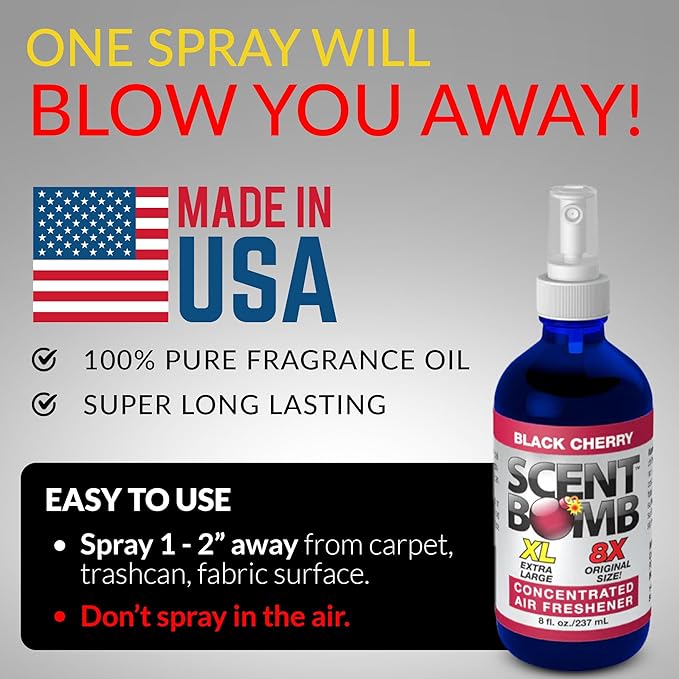 Scent Bomb Air Freshener Bundle - 1 oz & 8 oz Bottle Sprays, Vent Clip, Organic Cans, Hanging Circle - Continuous Freshness & Long-Lasting Odor Eliminator for Car, Home, Bathroom - Black Cherry