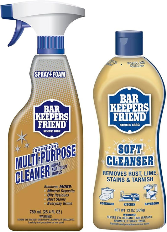 Bar Keepers Friend Soft Cleanser (13 oz) and MORE Spray + Foam (25.4 oz) Multipurpose Cleaner Bundle, Stain & Rust Remover for Multi Surface Bathroom, Kitchen & Outdoor Cleaning