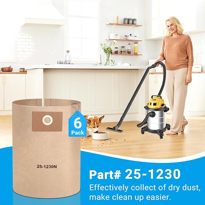 6-Pack 25-1230 Disposable Filter Bags Replacement for Stanley 4-5 Gallon Wet/Dry Vacuums SL18129, SL18130, SL18130P
