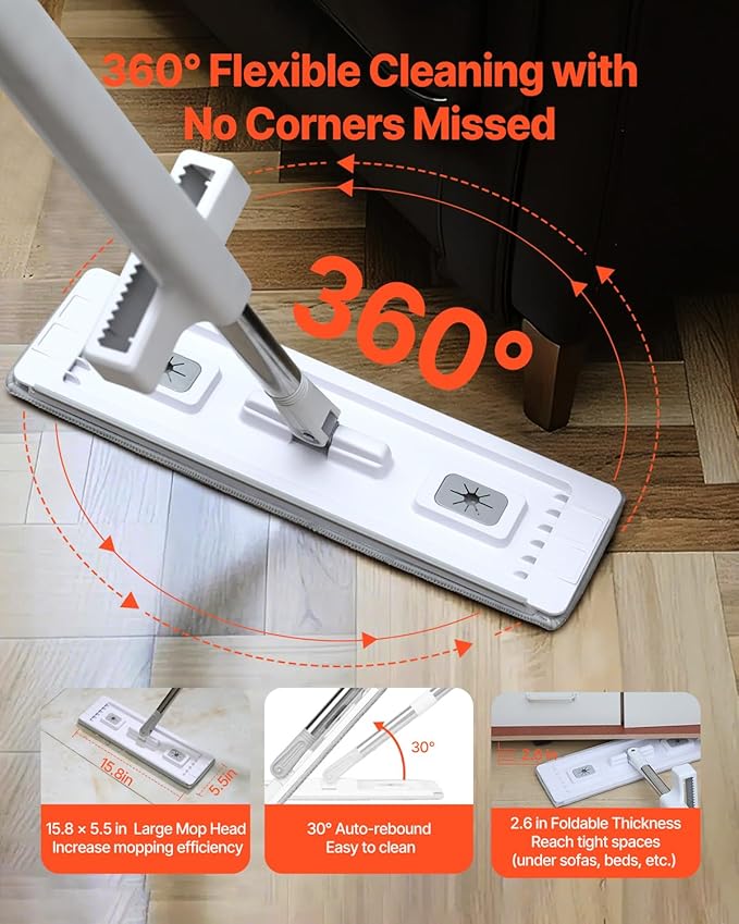 VEVOR Flat Mop, Self Wringing, Microfiber Floor Cleaner with 4 Reusable & Washable Pads for Dry & Wet Floor Cleaning, Microfiber Flat Mop with Stainless Steel Handle for Hardwood Laminate Tile Vinyl