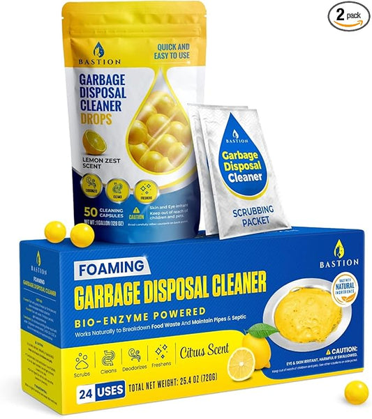 Garbage Disposal Cleaner & Deodorizer Bundle. 1 X 50 Count Pack of Bastion Disposer Balls + 1 X 24-Count Box of Enzyme Enhanced Deep-Cleaning Foaming Disposal Scrubbing Packets.