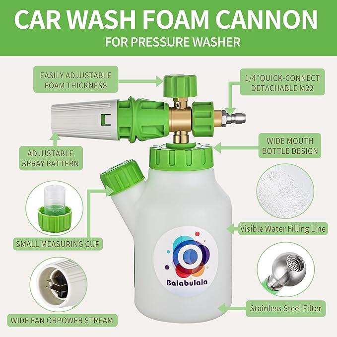 Foam Cannon for Pressure Washer with Dual Connector, Balabulala Car Foam Cannon with dual adapter, M22 and 1/4" Quick Connect,4200 PSI