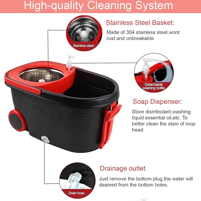 Spin Mop and Bucket with Wringer Set On Wheels, 360° Spinning Mop Bucket System with 3 Microfiber Replacement Heads, 61" Stainless Steel Extended Handle for Floor Cleaning Black/Red (25QT) (Big Black)
