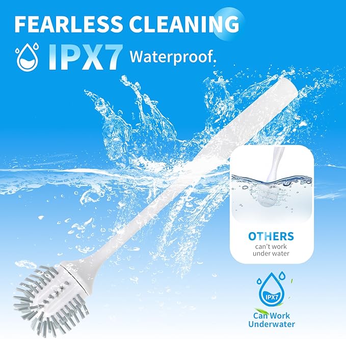 Electric Toilet Brush with Holder, Ultra Quiet & Powerful Scrubbing, IPX7 Waterproof Self-Cleaning Brush for Toilet/Bathtub/Grout, Cordless Spin Scrubber with 320RPM Turbo Power - White