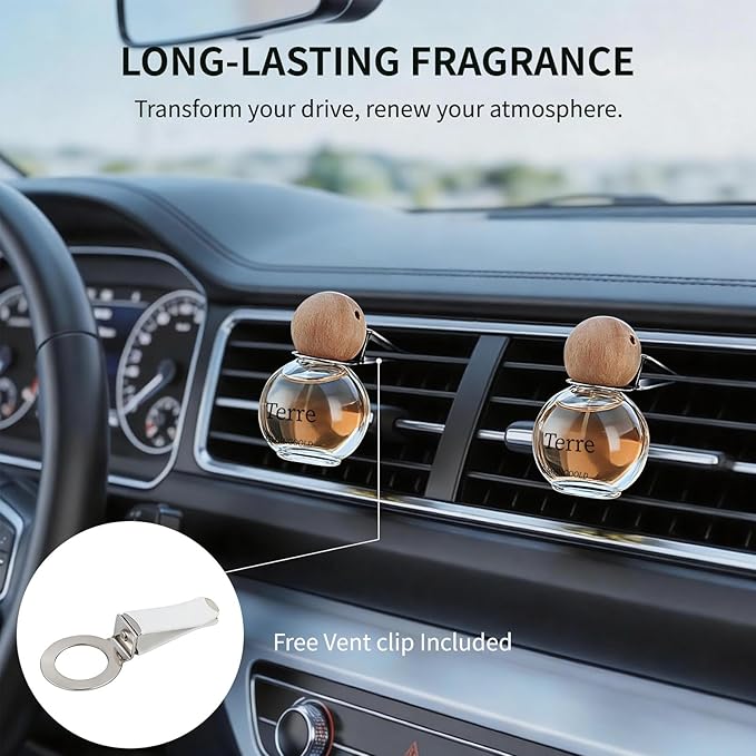 Car Air Freshener Hanging 2 Pack, Terre Scent Essential Oil Diffuser Long Lasting Up to 150 Days, Cute Car Accessories with 2 Vent Clip for Women Men Gift, Odor Eliminator