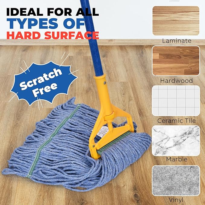 Onesimus 20 oz Mop Head Replacement, Industrial Mops for Floor Cleaning Heavy Duty 4-Ply Cotton Blend Looped End Wet Mop Refills 1.25 in Universal Headband Fit Most Handles, 6 Pack Large Blue