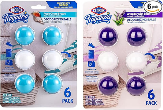 Clorox Fraganzia Deodorizing Balls Bundle - Battery-Free Odor Eliminators for Shoes, Gym Bags, Closets, Lockers, Hampers & Drawers, Fresh Ocean Breeze and Lavender with Eucalyptus, 6 Count Each