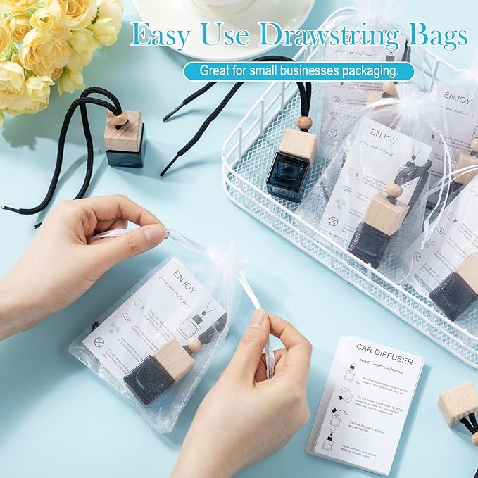 Boao 25 Sets Hanging Car Air Freshener Diffuser Bottles Empty Bulk with Car Diffuser Instruction Cards Organza Bags Glass Refillable Essential Oil Fragrance Aromatherapy Pendant (Square)