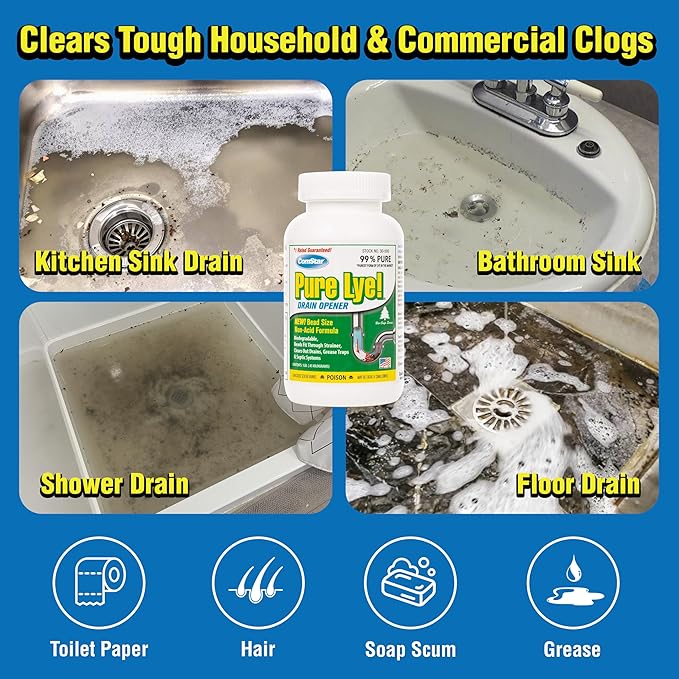 ComStar Pure Lye 400 Pound - Unique Sodium Hydroxide Beads | Drain Opener & Soap Making | Biodegradable, Eco-Friendly (30-502)