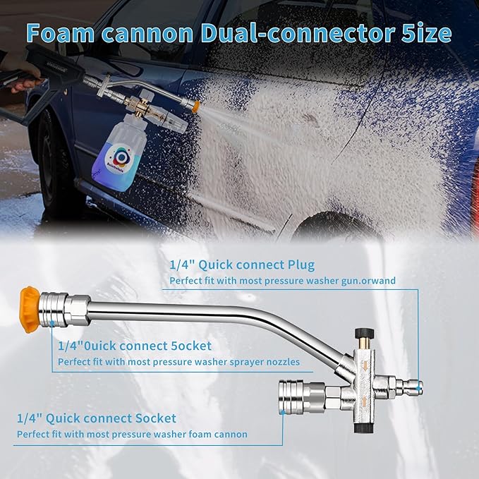 Foam Cannon with Dual Connector, Balabulala Dual Connector Foam Cannon with 5000PSI Pressure Washer Gun,7 Nozzles, 1/4" Quick Connect