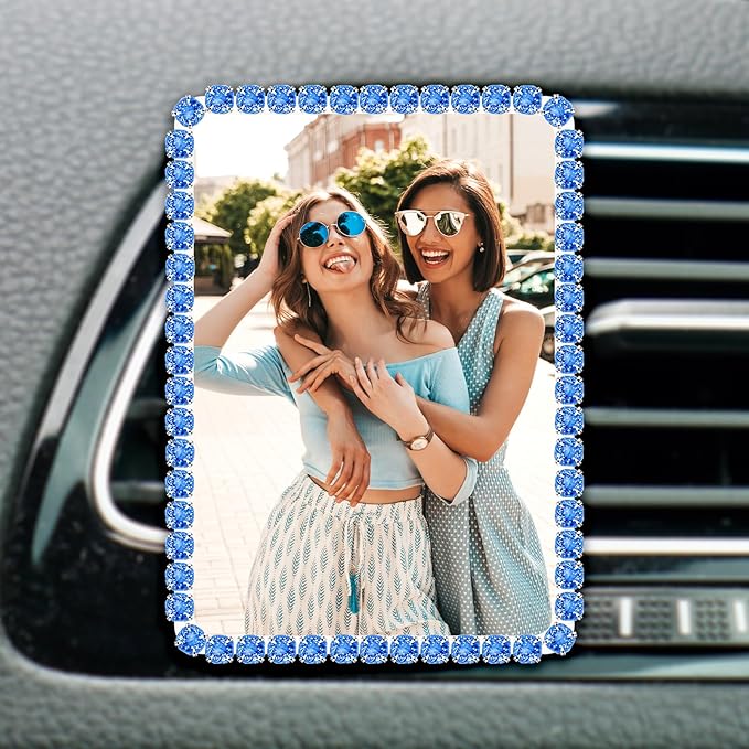 Custom Rhinestone Car Vent Clip Air Freshener with Photo – Personalized Acrylic Picture Frame for Car Interior Decoration Accessories, Rectangular Shape (Blue, One Size)