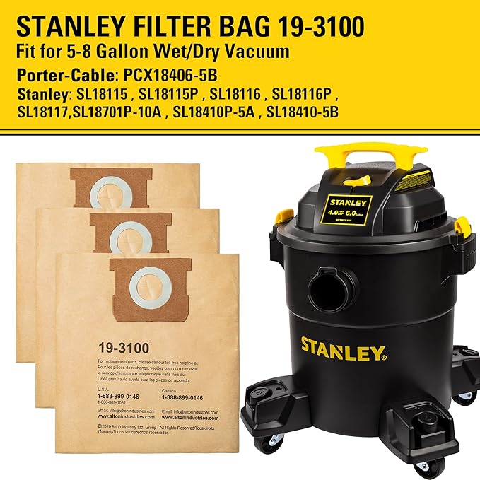 3 Pack STANLEY Filter Bag 19-3100, for 5-8 Gallon Wet/Dry Vacuum, Compatible with STANLEY SL18115 SL18115P SL18116 SL18116P SL18117 SL18701P-10A SL18410P-5A SL18410-5B and Porter-Cable PCX18406-5B