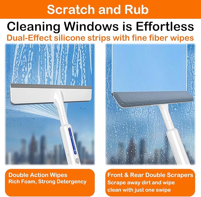 RV Window Cleaning Squeegee with Spray, Max 73.3" Handle, Motorhome & Camper Exterior Glass Cleaner, 3-in-1 Spray Mop for High Windows, Home & Car