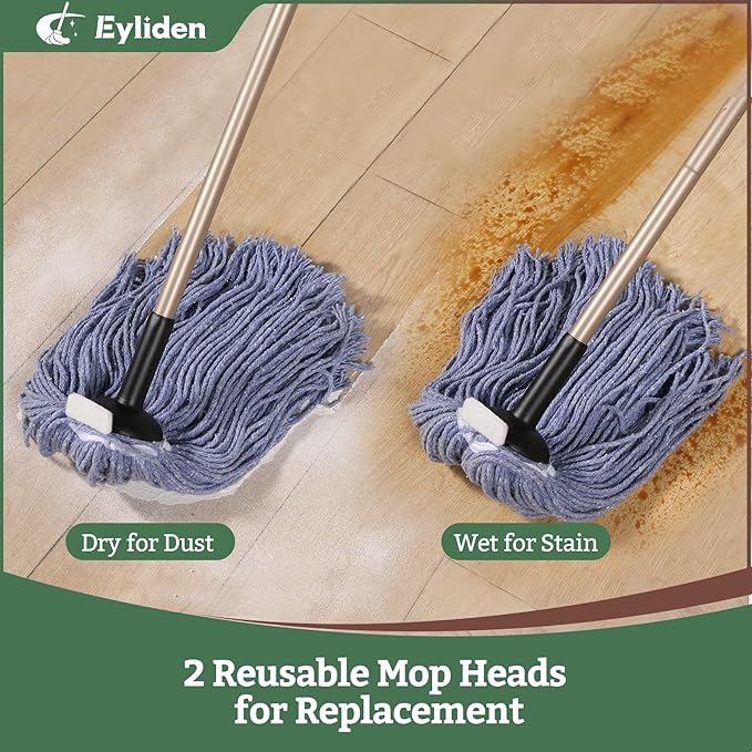 Eyliden String Mop, Cotton Mop with Wet & Dry Non-Touch Replacement, 2 Reusable Heads, 4 Scouring Pads, Adjustable Handle, Home Commercial Floor Cleaning Tools for Tile, Wood, Concrete Surfaces (Blue)