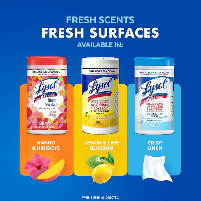 Lysol Disinfectant Wipes, Multi-Surface Antibacterial Cleaning Wipes, For Disinfecting and Cleaning, Lemon and Lime Blossom, Pack of 4