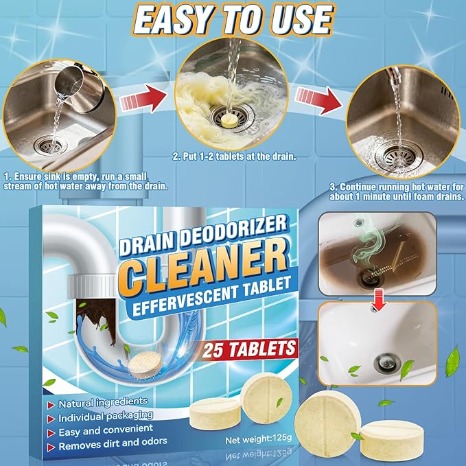 Smelly Drain Cleaner Tablets, 25 Pack Disposal Cleaner Tablets Eliminator Quickly Eliminates Odors, Sink Smell Effervescent Tablets, Sink Drain Cleaner for Sewer, Toilet and Septic Tank, 1 Year Supply