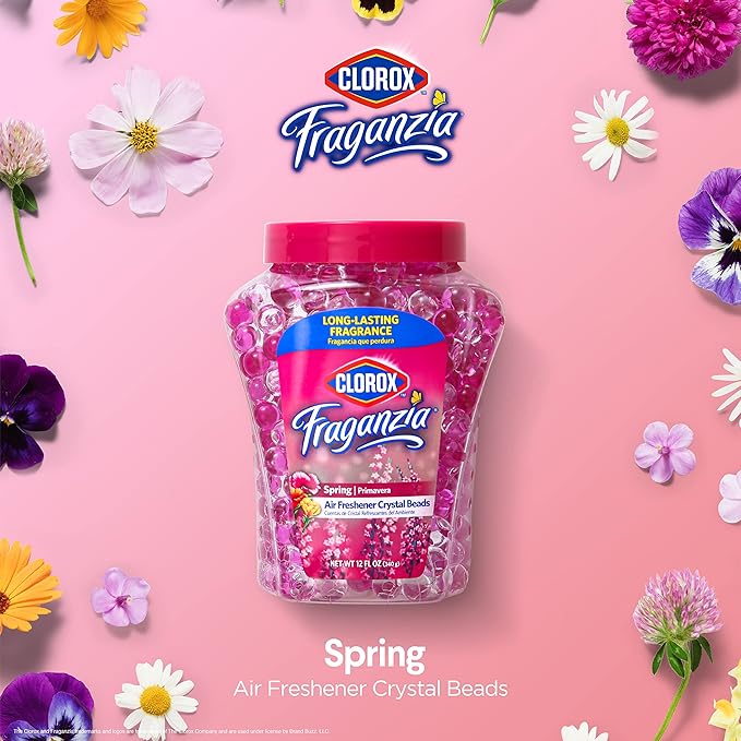 Clorox Fraganzia Crystal Beads Air Freshener Twin Pack, Long Lasting Room Deodorizer and Odor Eliminator Gel Beads for Home, Car, or Office, Spring Scent, 24 Fl Oz