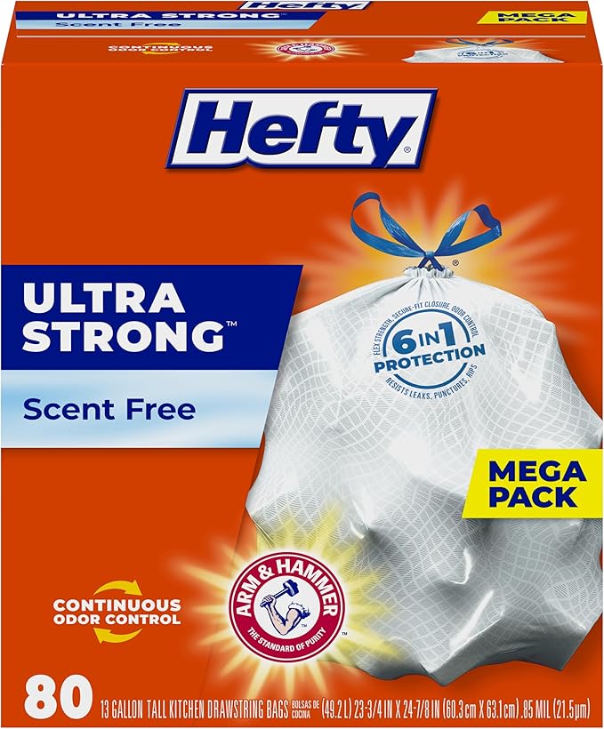 Hefty Ultra Strong 13 Gallon Trash Bags, Tall Kitchen Trash Bags 13 Gallon Size, Drawstring Closure, Continuous Odor Control, White, Unscented, 80 Bags