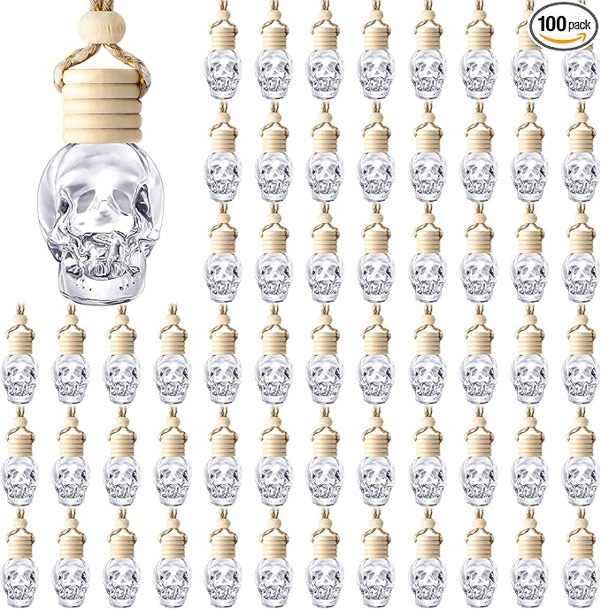 BBTO 100 Pcs Car Air Fresheners Diffuser with Wooden Cap Empty Aromatherapy Diffuser Clear Car Fragrance Holder Pendant Hanging Perfume Fresheners Bottles for Decor(Spooky,Clear)