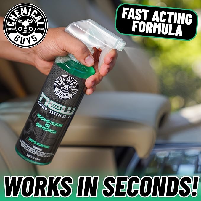 Chemical Guys New Car Scent Air Freshener and Odor Eliminator, 16 fl oz with 3 Pack of Hanging Air Fresheners (Great for Cars, Trucks, SUVs, RVs, Home, Office, Dorm Room & More) - HOL459