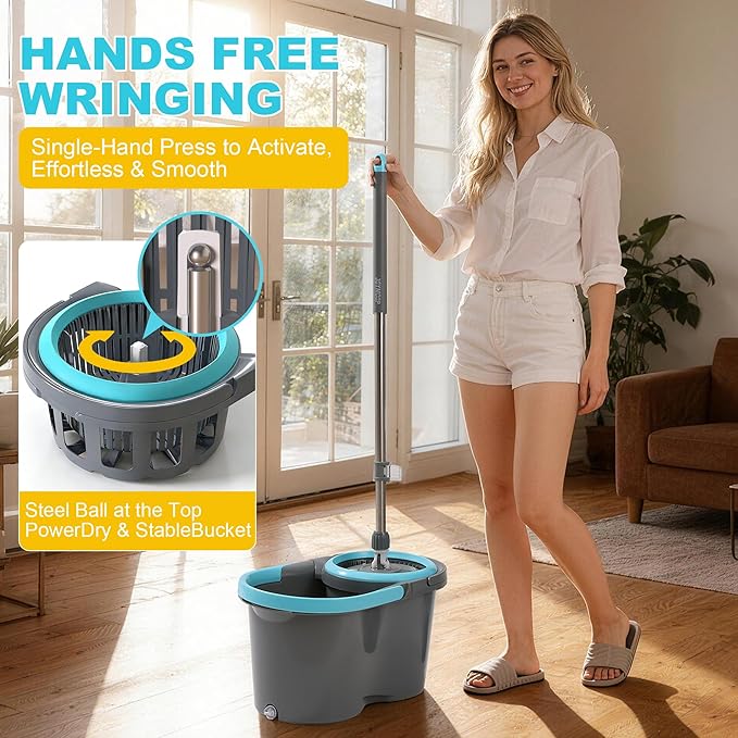 JOYMOOP Spin Mop and Bucket, 360° Mop Head & Telescopic Handle, Wet and Dry Use, 4 Reusable Microfiber Refills, Hands-Free Cleaning for Hardwood, Tile, Laminate Floors & Walls