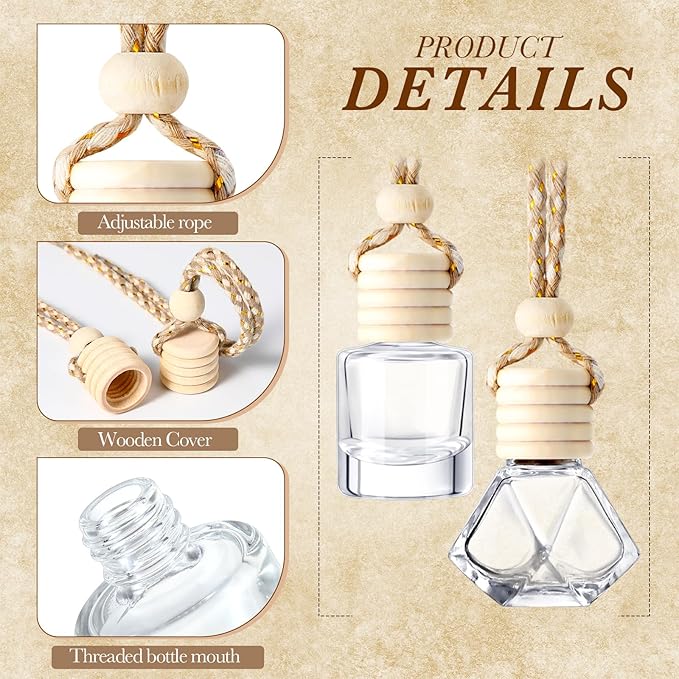 BBTO 200 Pcs Hanging Car Diffuser Bottle Bulk Empty Clear Glass Perfume Bottles Air Freshener Pendant for Essential Oils Fragrance Aromatherapy Car Interior (Diamond, Cylinder)