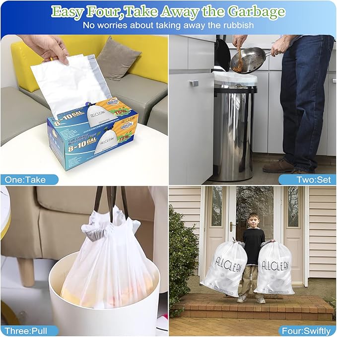 ALLCLEAN 10 Gallon Trash Bags, Ultra-Strong Unscented Heavy-Duty Medium Drawstring Garbage Bags, Bin Liners for Kitchen, Office, Yard, Bathroom Trash Cans (30 Count)