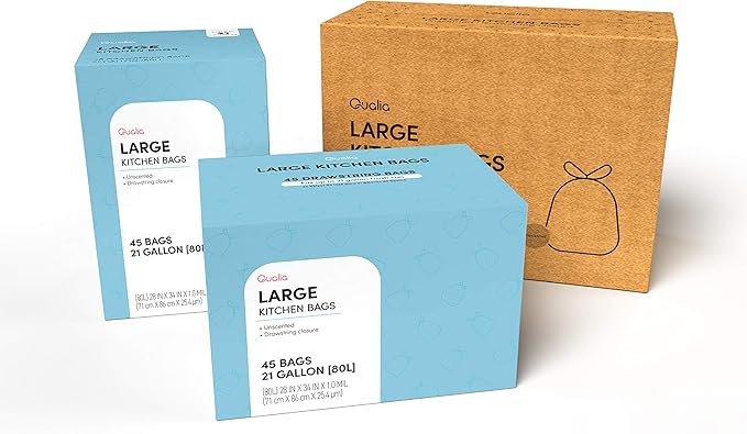 UNSCENTED 21 Gal / 80 Liter | Drawstring Closure Trash Bag | Heavy Duty By Qualia (UNSCENTED, 90 BAGS)