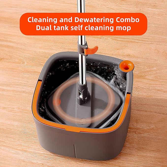 Spin Mop and Bucket Set with Self Separation Dirty and Clean Water System, Square Mop Bucket Self Wringing 360° Rotating Clean Floor Mop-Head for Hardwood Tile Marble Floors