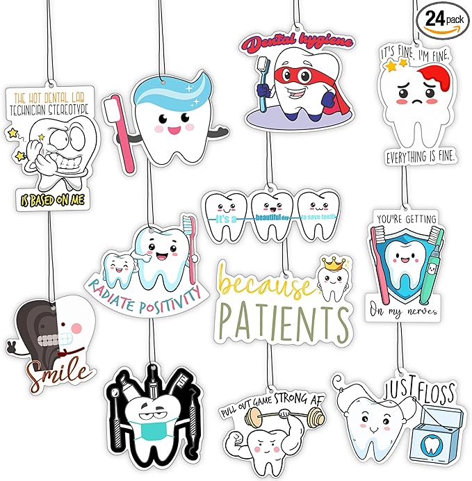 24 Pcs Dental Hygienist Gifts for Hygiene Week Funny Air Freshener Car Scented Hanging Tooth Decor for Doctor Nurse Medical Staffs Dentists Assistants Student Teacher Appreciation Gifts