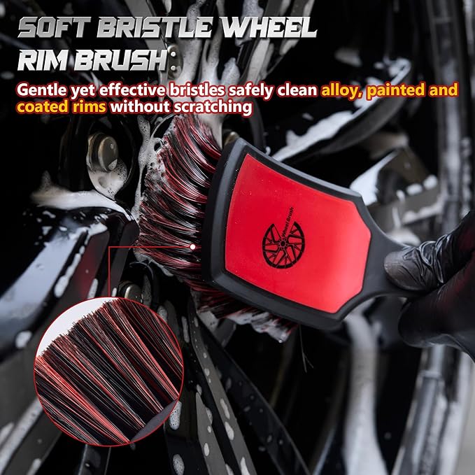 Wheel & Tire Brush Set, 2 Pack Car Wheel Brush & Tire Cleaner Brushes, Soft Bristle Rim Brush and Stiff Tire Scrub Brush, Scratch-Free Wheel Cleaning Kit for Car Detailing, Trucks, SUVs