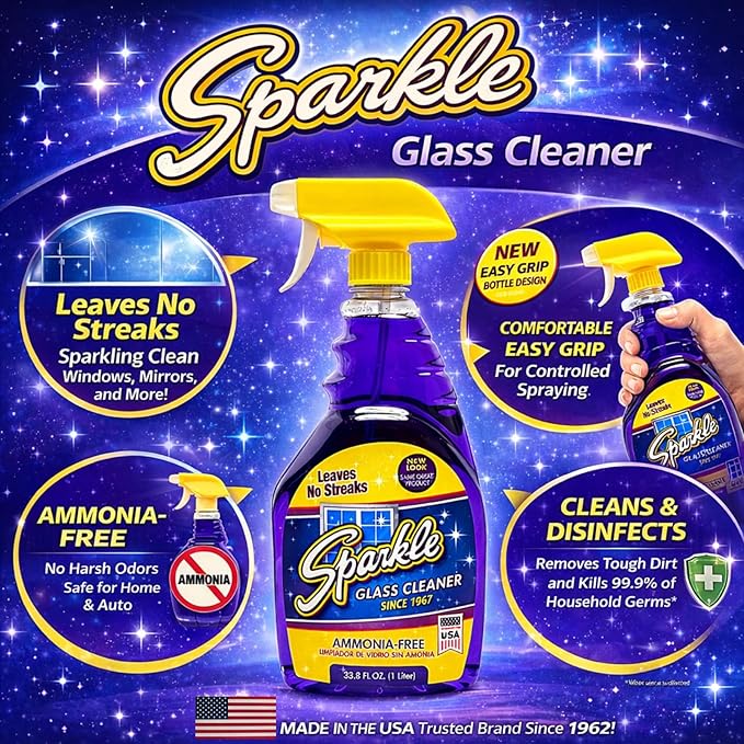 Sparkle Glass Cleaner Spray Bottle & Refill, Ammonia-Free Original Formula Glass Cleaner, Leaves No Streaks, 33.8 FL OZ Spray Bottle & 1 Gallon Refill (Pack of 6)
