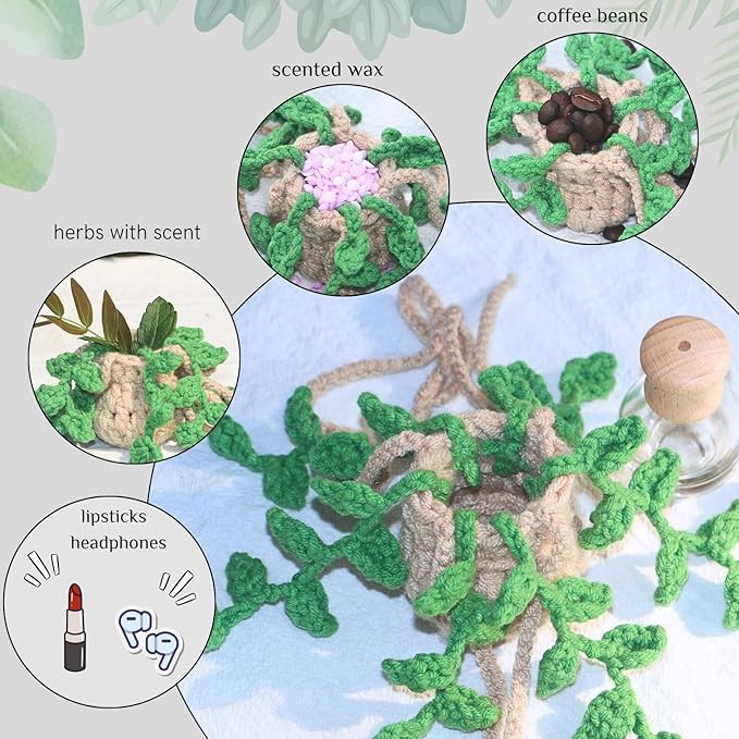 Handmade Crochet Hanging Car Air Freshener,12ml Empty Refillable Oil Diffuser Bottle with Crochet Hanging succulents Plant for Car Rearview Mirror for Home, and Office Hanging Diffuser Decor