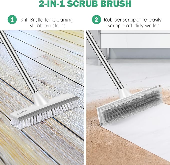 SetSail Floor Scrub Brush with 51-Inch Long Adjustable Handle 2 in 1 Scrape Brush Stiff Bristle Floor Scrubber for Cleaning Shower Bathroom Garage Kitchen Wall Deck Tub Tile, 2 Pack (Grey White)