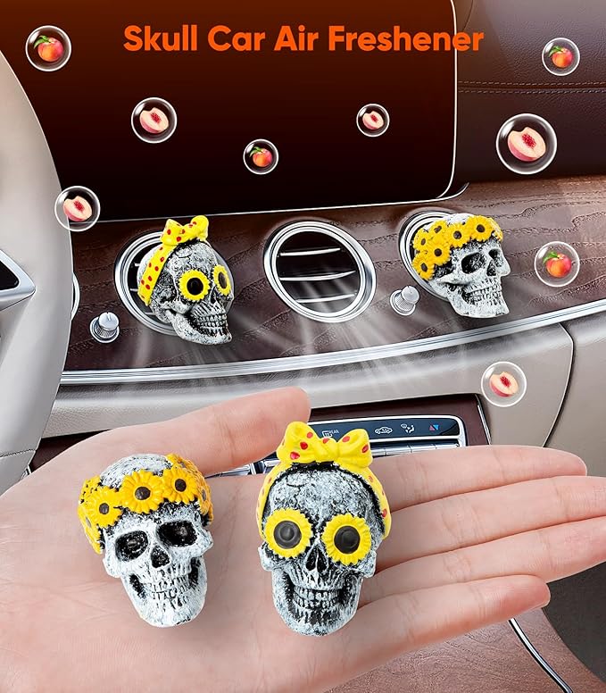 Giftable Daisy Flower Car Air Fresheners Vent Clips Diffusers with Fragrance Pads Funny Goth Skull Car Accessories Interior Skull Birthday/Christmas for Women Girls