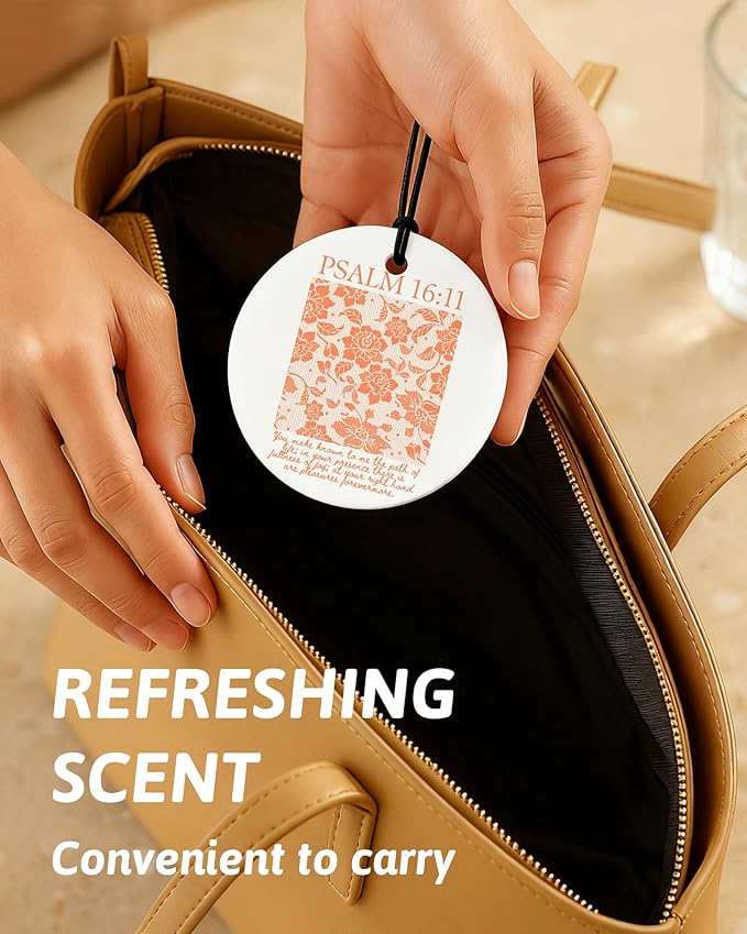 Orange Christian Round Car Air Freshener 4 Pcs, Girly Orange Bow Floral Religious Hanging Air Freshener for Cars Closet Drawer Books, Cute Preppy Car Accessories Mirror Decor for Women
