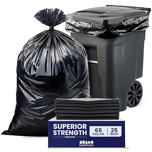 Plasticplace 65 Gallon Trash Bags │ 2.7 Mil │ Black Heavy Duty Garbage Can Liners │ 50” x 48” (25 Count) (W65LDB225A)