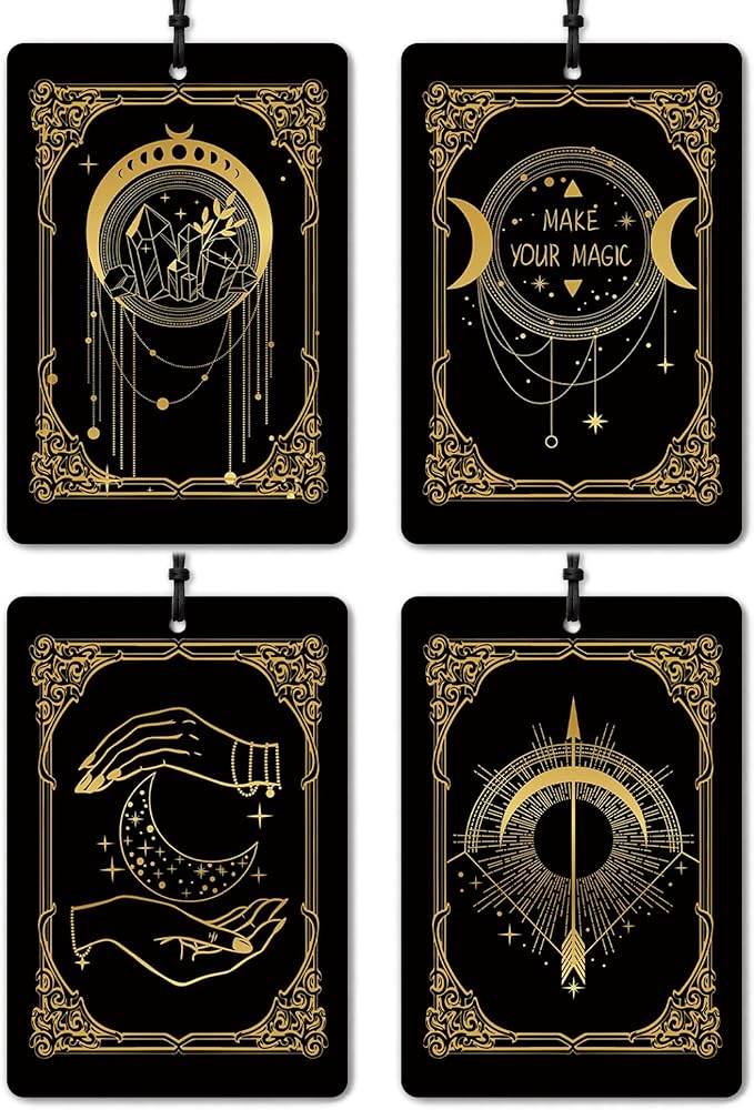 Boho Witchy Tarot Card Car Air Freshener 4 Pcs, Mystical Abstract Black and Gold Celestial Air Freshener Hanging for Cars Books Closet Drawer, Witchy Car Accessories for Women Men