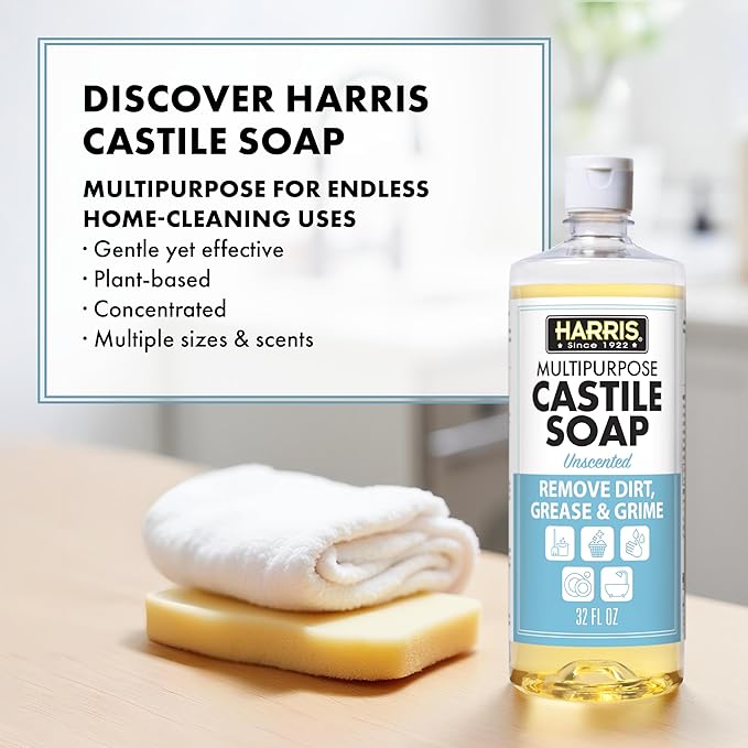 HARRIS Multi-Purpose Liquid Castile Soap for Home Cleaning, Use as Dish Soap, Laundry Detergent, Kitchen & Bathroom Surface Cleaner, Kids Room, 2 Pack of 32 Fl Oz with Microfiber Cloth (Unscented)