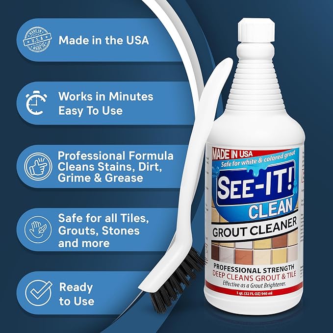 SEE-IT! Grout & Tile Deep Cleaner Brightener & Heavy-Duty Stain Remover Acid-Free Safe for Ceramic, Porcelain, Marble, Stone - 32 fl. oz. with Hand Cleaning Brush