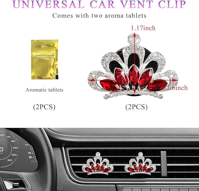 2 PCS Bling Car Air Vent Clips, Crystal Rhinestone Crown Vent Decorative Air Freshener Clips, Sparkly Diamond A/C Outlet Aroma Diffuser Clip for Vehicles, Car Accessories (Red)
