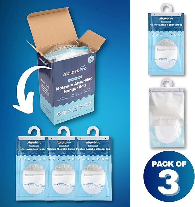 Moisture Absorbing Hanger Bag Fragrance Free - 3-Pack - 16 oz Hanging Dehumidifying Packs for Home, Kitchen, Bedroom, Bathroom, Closet, Small Rooms, Cars