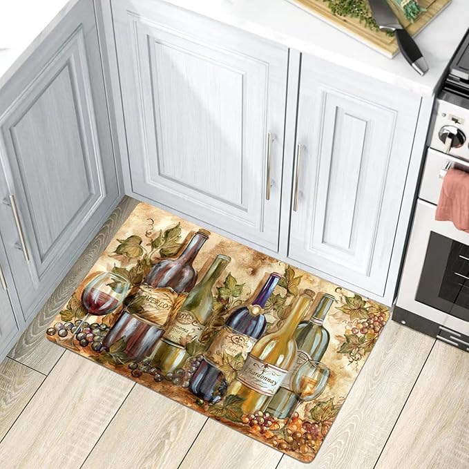 Wine Theme Kitchen Mat, Waterproof Non-Skid Cushioned Kitchen Floor Mat Comfort Standing Mats for Home, Office, Sink, Laundry, 1.7x2.6ft/20x31in