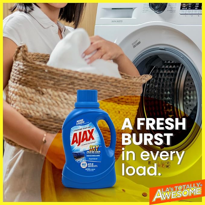 Ajax Oxy Overload Laundry Detergent Liquid, 60oz (Pack of 2) – Totally Awesome Cleaner with Deep Cleaning, Stain & Odor Removing power, HE Compatible, 80 Loads, Fresh Burst Scent
