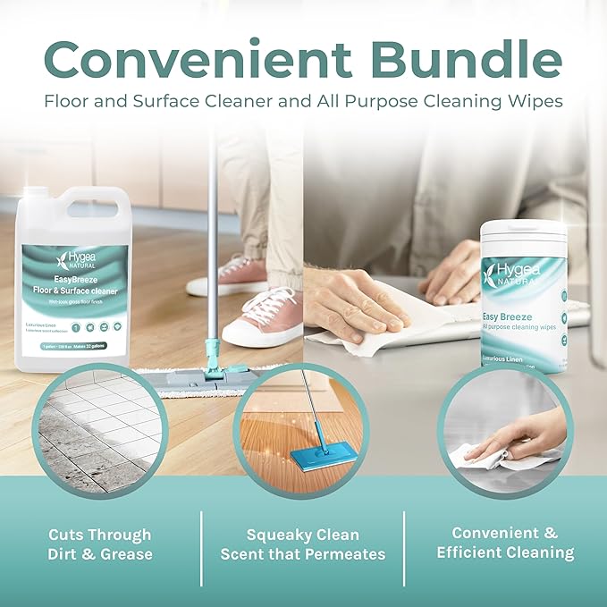 Hygea Natural EasyBreeze Ultimate Cleaning Bundle - PH Neutral Floor & Hard Surface Cleaner with All-Purpose Wipes - Luxurious Linen Scented (1 Gallon Floor Cleaner, 50 ct. Wipes)