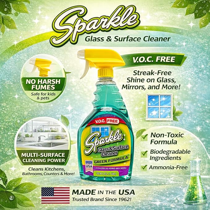 Sparkle Glass & Window Cleaner Spray, VOC-Free Eco Formula, Streak-Free Finish for Windows & Mirrors, 33.8 fl oz (Pack of 1)
