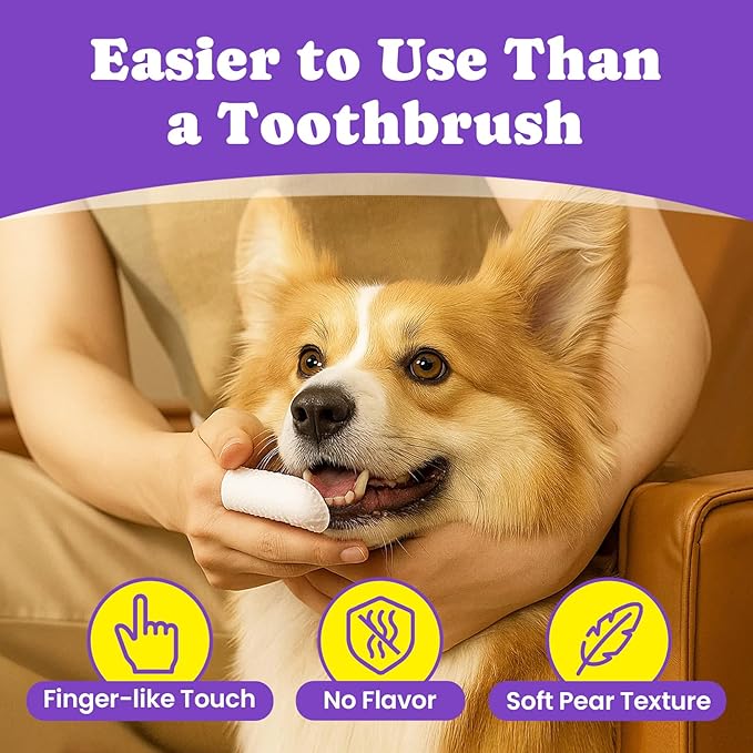 No-Rinse Dog Dental Care Wipes, Cat & Dog tooth brushing kit, Dog Wipes for Pet & Cat Teeth Cleaning, Dog toothbrush Finger Dental Wipes to Remove Plaque & Tartar, Disposable Dog Wipes - 50 Count