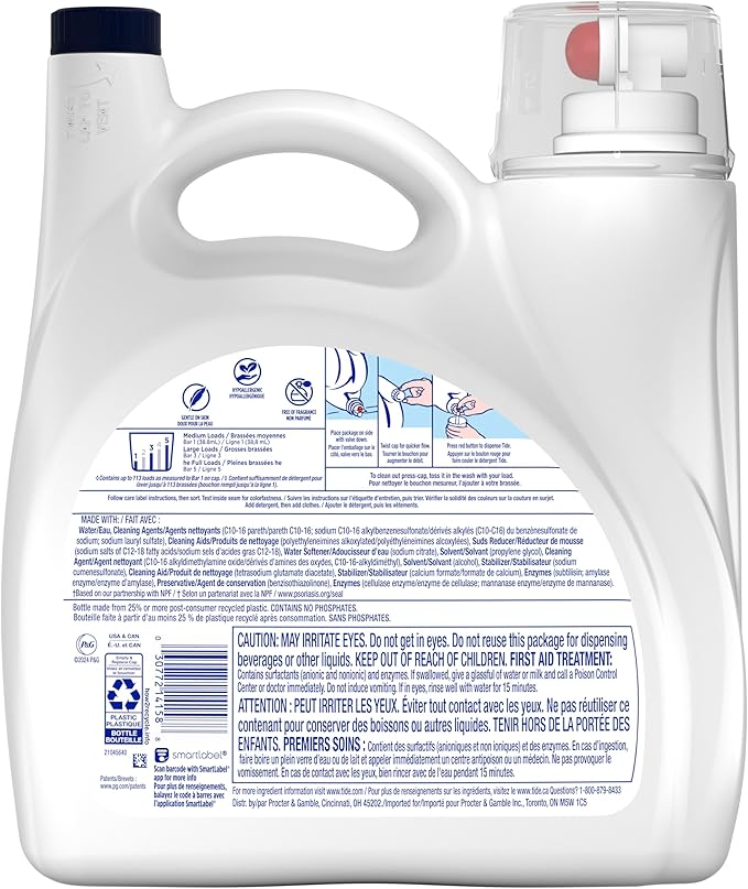 Tide Free & Gentle Liquid Laundry Detergent, 113 Loads, 149 fl oz, Tide Laundry Detergent, Clean Laundry Detergent, Free of Dyes and Perfumes, Hypoallergenic Formula Gentle On Sensitive Skin