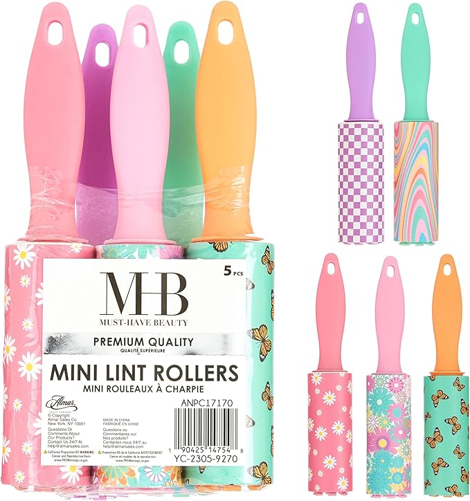 Expressions 5pc Mini Lint Rollers Value Pack - Colorful Compact Mini Lint Roller for Travel, Household Essentials Pet Hair Removal Tool & Lint Removers for Clothing (Retro)